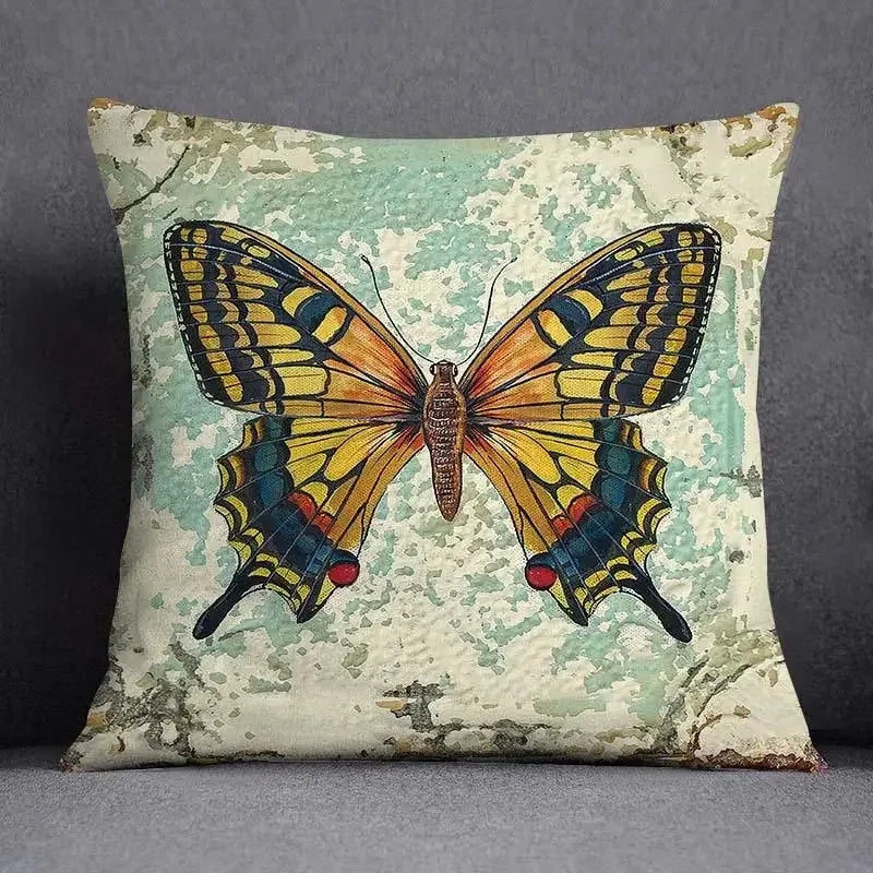 Butterfly pillow cover with classic illustration style and soft tones