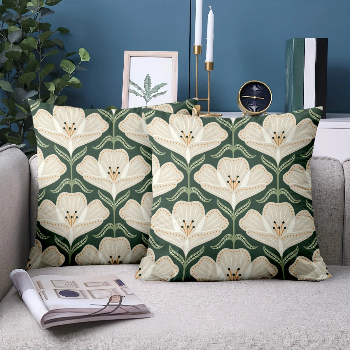 Green floral back cushion pillow cover with botanical pattern on soft durable fabric