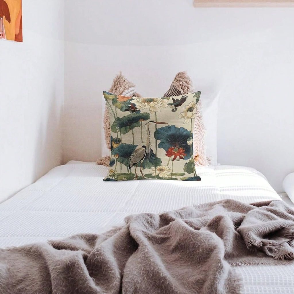 Bird Lotus Vintage Pillow Cover