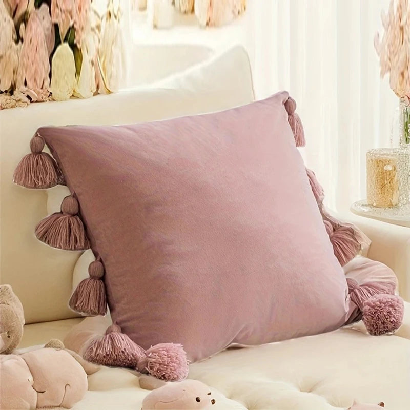 Pink pillow with tassels on a couch in a cozy living room setting
