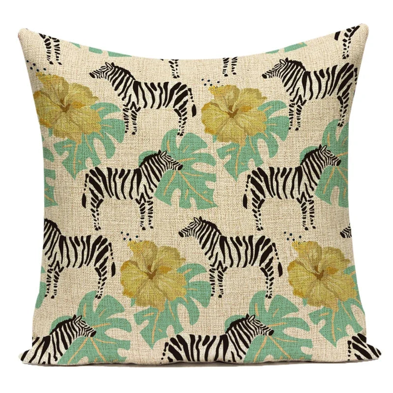 Decorative pillow with zebra and leaf pattern on a beige background