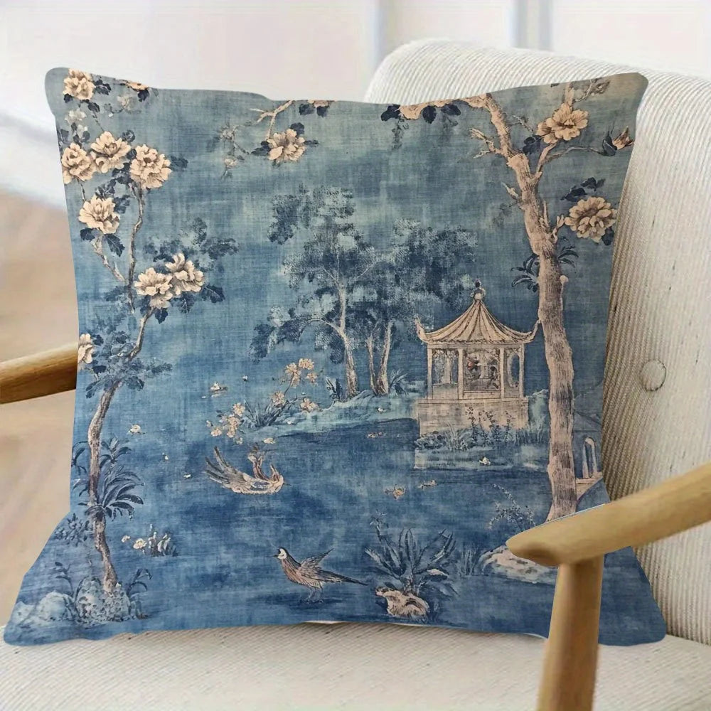 Blue chinoiserie vintage pillow cover with elegant floral and oriental pattern on plush fabric