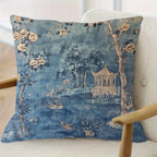 Blue chinoiserie vintage pillow cover with elegant floral and oriental pattern on plush fabric