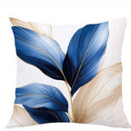 Blue gold leaf pillow cover with elegant botanical pattern on soft peachskin fabric