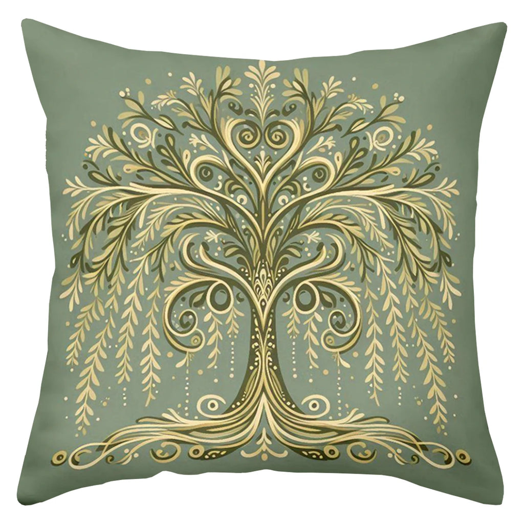 Green and gold tree pillow cover with elegant botanical design on plush fabric