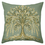 Green and gold tree pillow cover with elegant botanical design on plush fabric