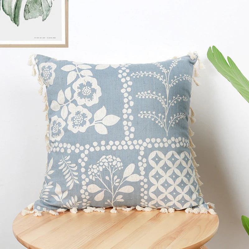 Vintage Blue Green Tassel Pillow Cover