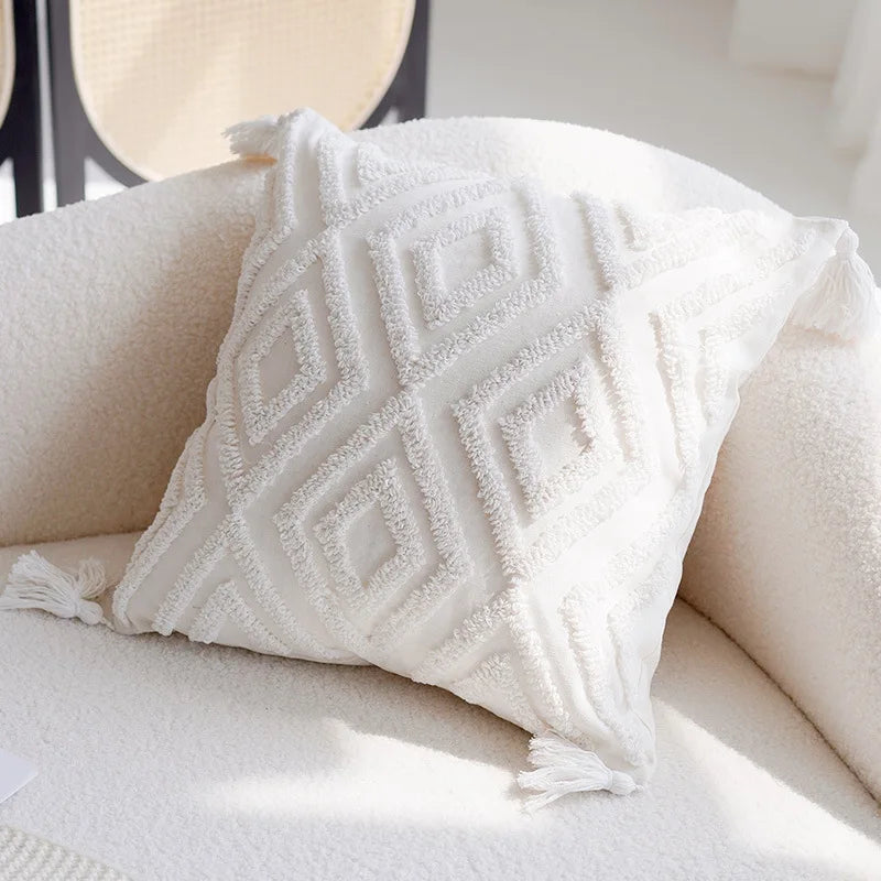 White textured pillow on a beige sofa