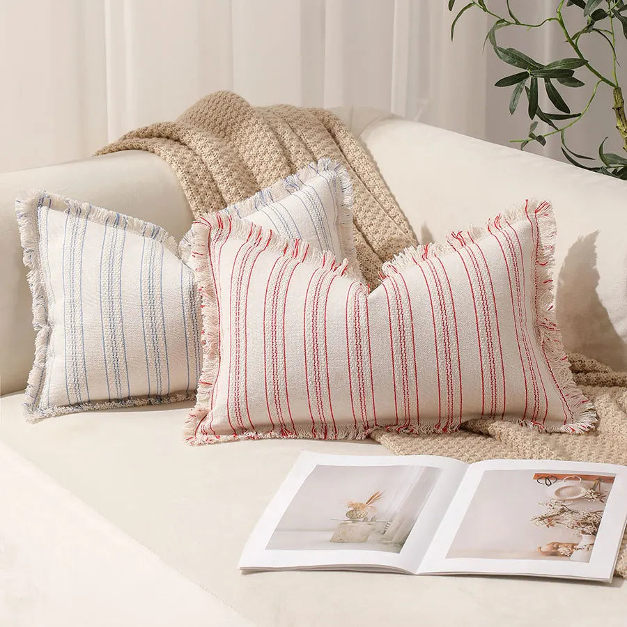 Boho Striped Fringed Pillow Cover