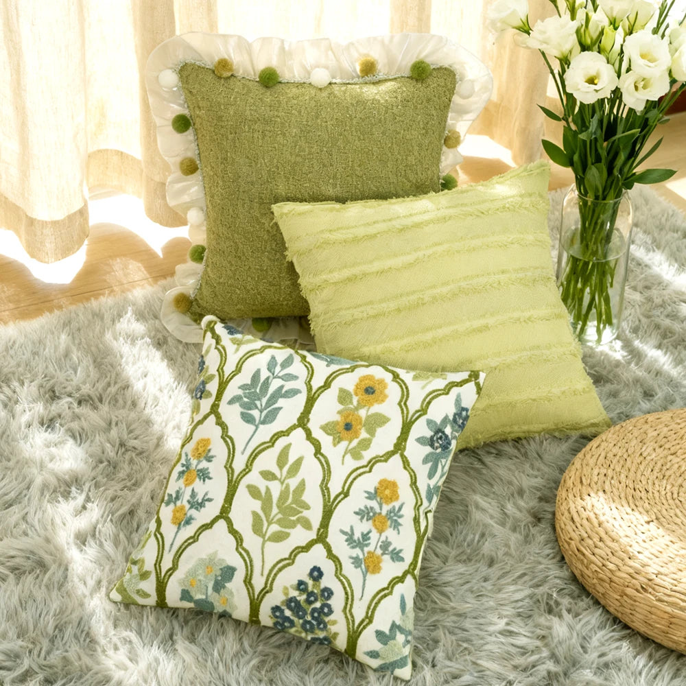Green Embroidered Towel Pillow Cover