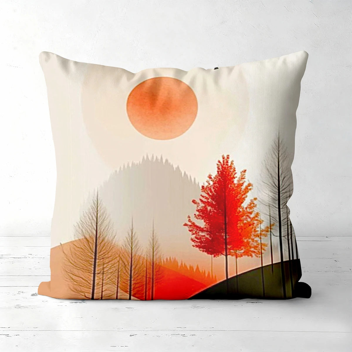Autumn landscape decorative pillow cover with warm fall scenery and nature-inspired design