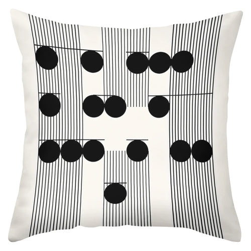 Decorative pillow with black circle and line pattern