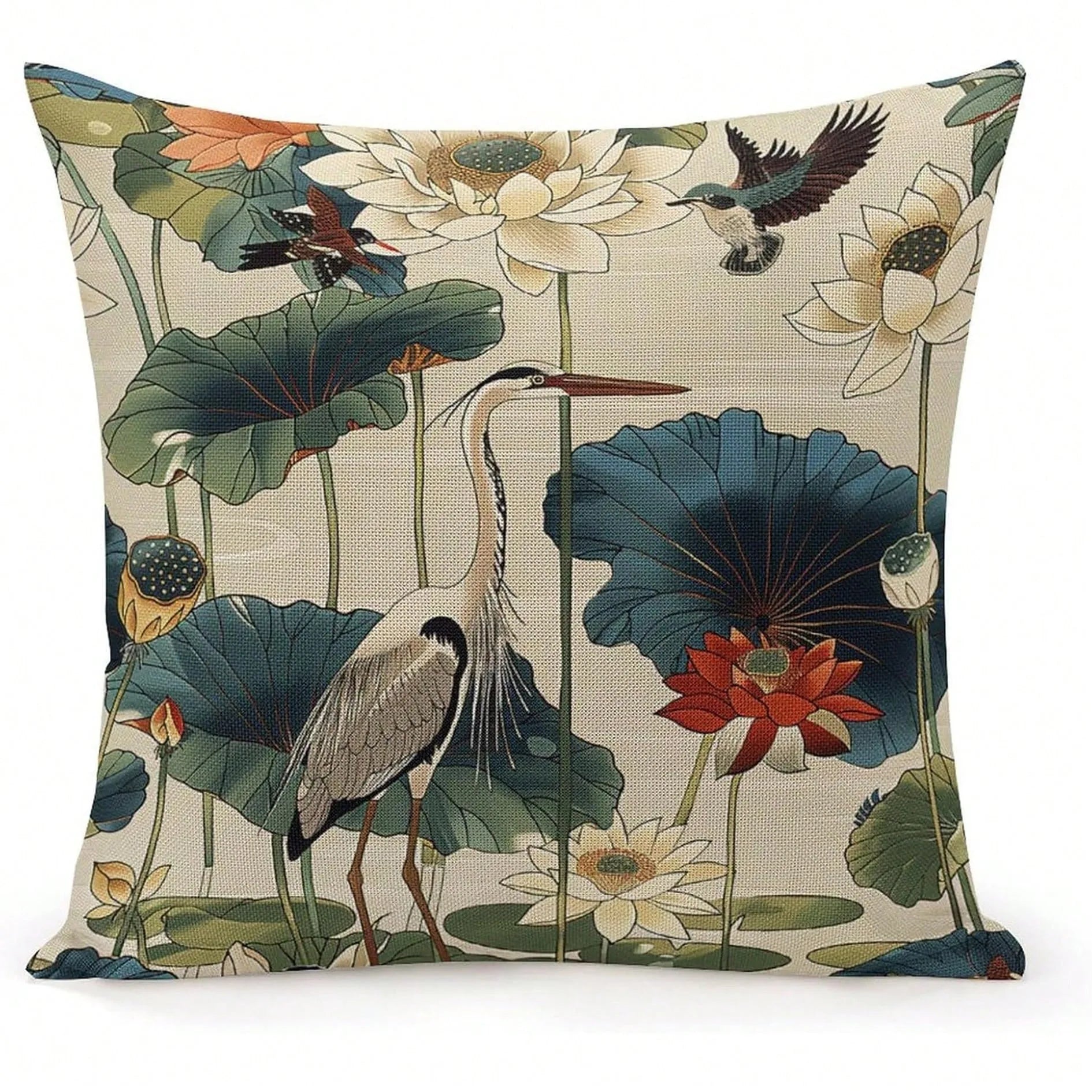 Bird Lotus Vintage Pillow Cover