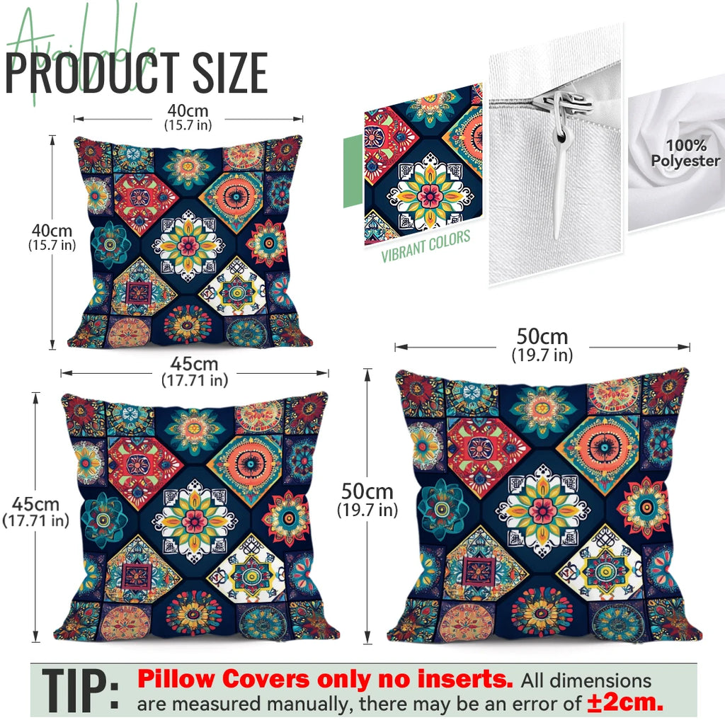 Decorative pillow with colorful geometric pattern, dimensions, and material information.