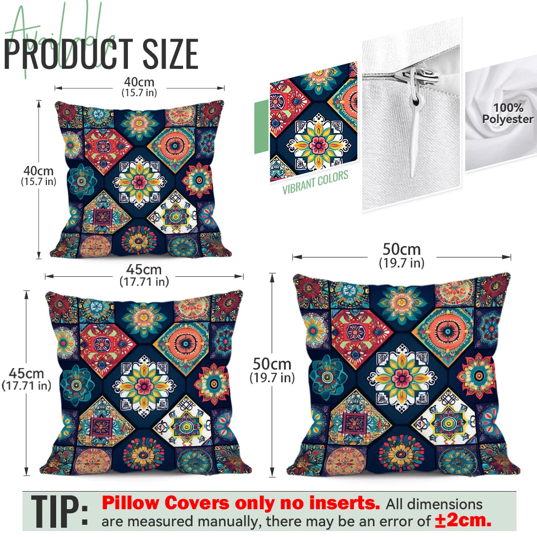 Decorative pillow with colorful geometric pattern, dimensions, and material information.