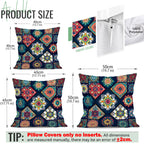 Decorative pillow with colorful geometric pattern, dimensions, and material information.