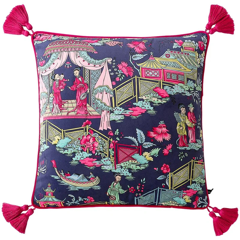 Decorative pillow with Chinese-style scene and tassels on a white background