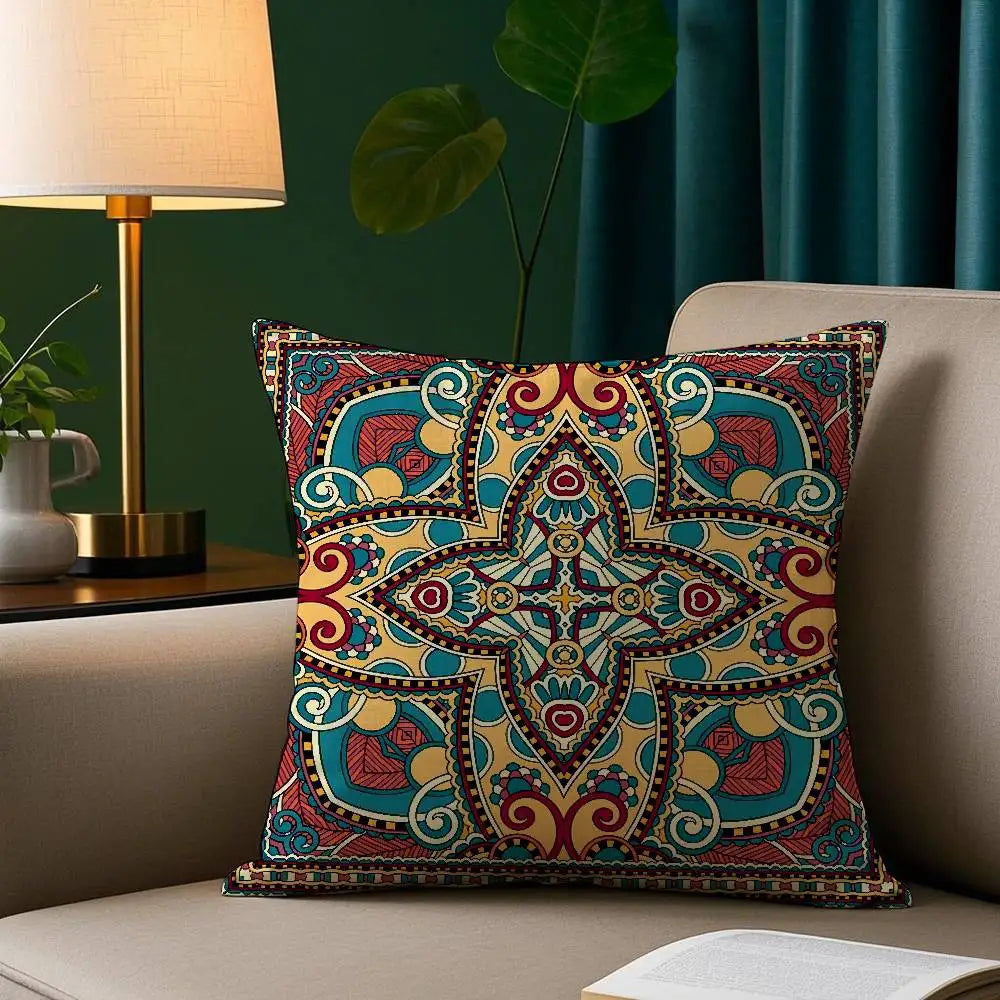 Vintage bohemian pillow cover with detailed geometric mandala print