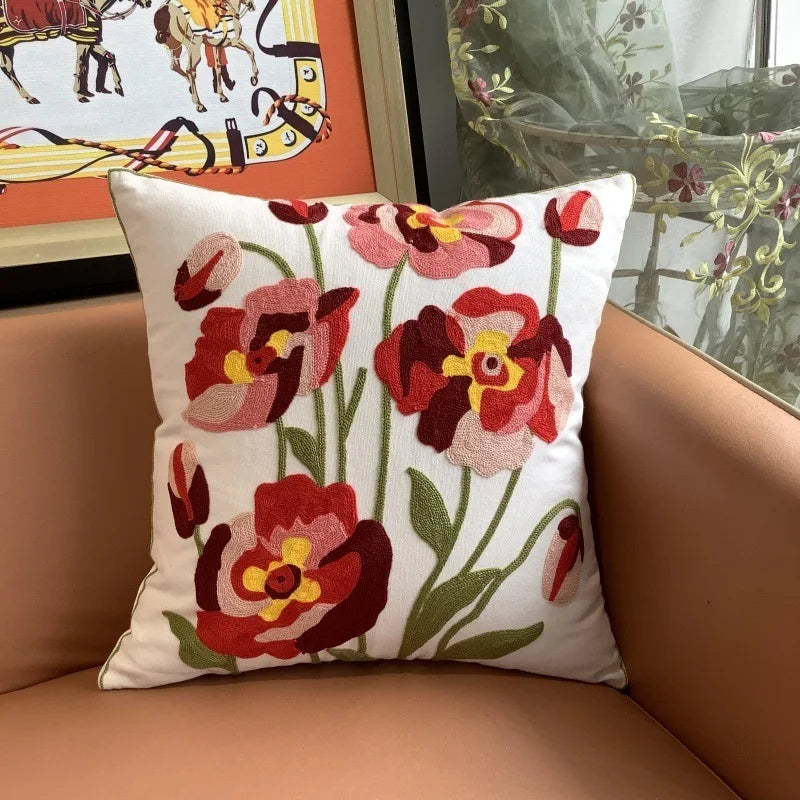 Flower Embroidery Pillow Cover