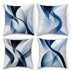 Four square pillows with abstract blue and black pattern on a white background