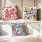 Decorative coastal pillow covers with vibrant coral reef and marine life prints