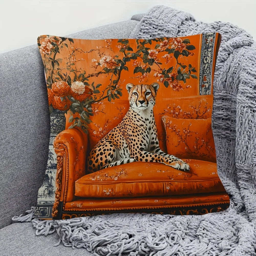 Orange chinoiserie pillow cover with cheetah motif and elegant oriental pattern design