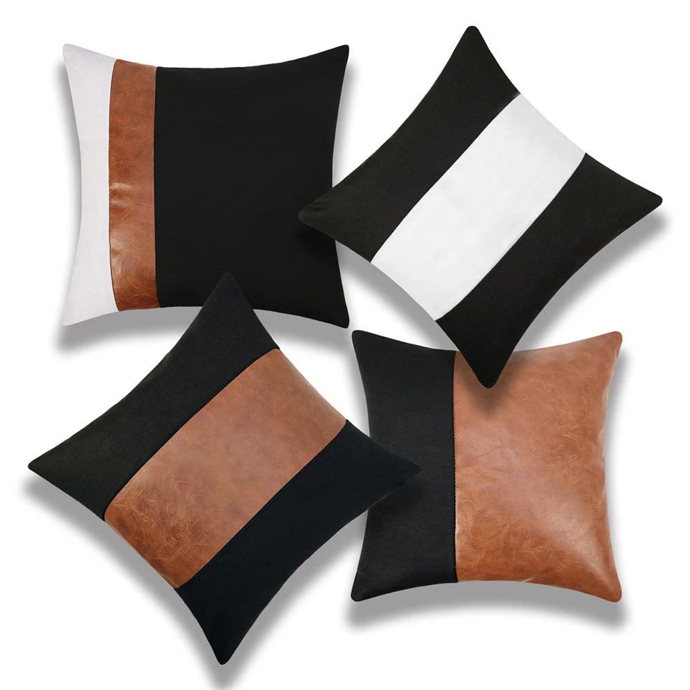 Four cushions with black, brown, and white color patterns on a white background