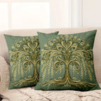 Green and gold tree pillow cover with elegant botanical design on plush fabric