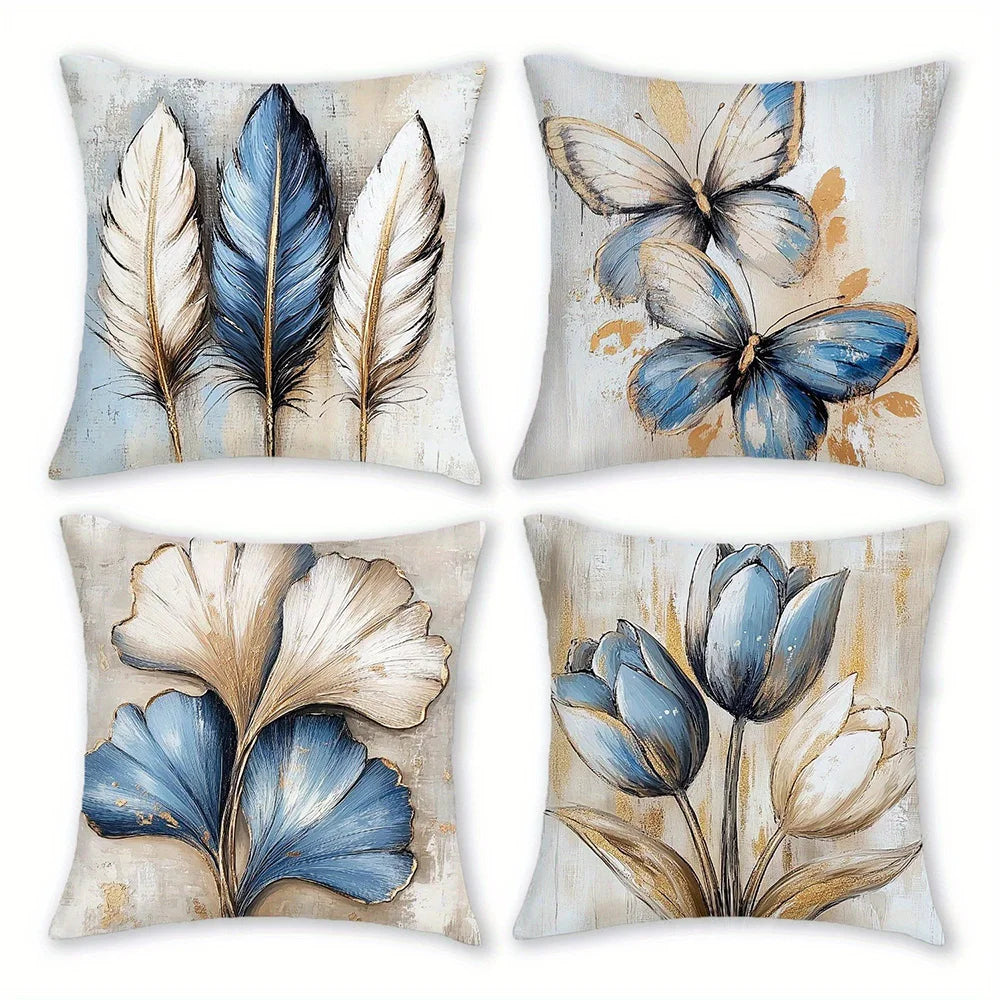 Blue and white floral feather pillow cover with elegant botanical and artistic pattern design