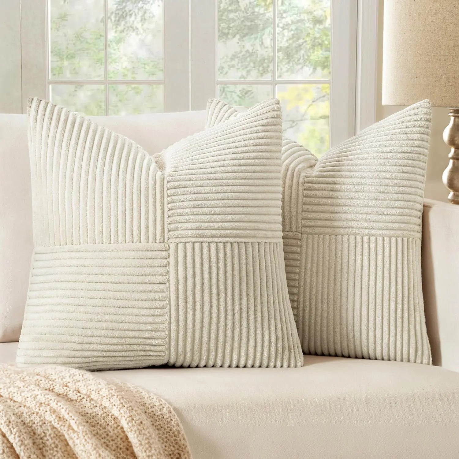 Cream corduroy striped pillow covers with soft textured finish