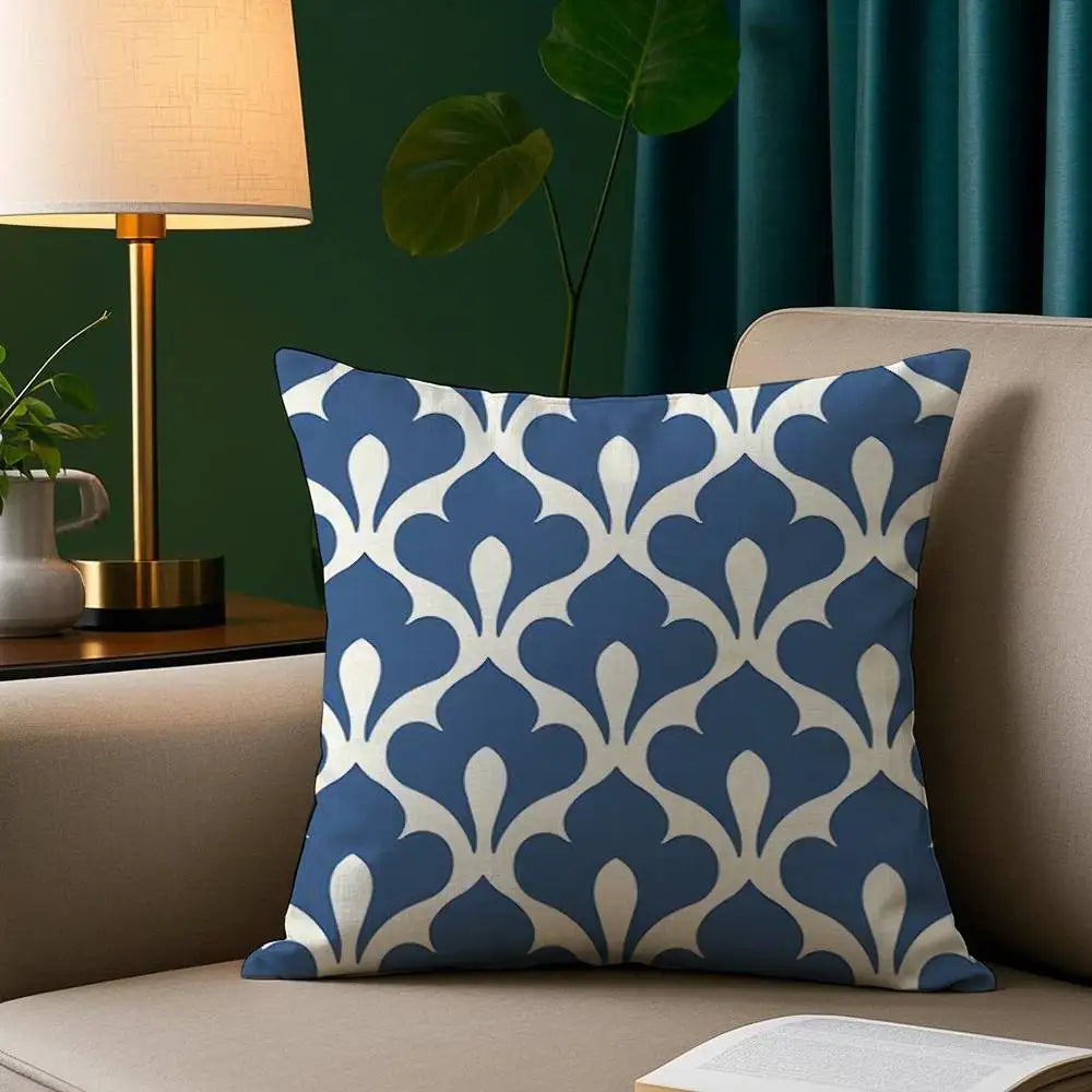 Ink blue geometric plush pillow cover with modern abstract pattern on soft fabric