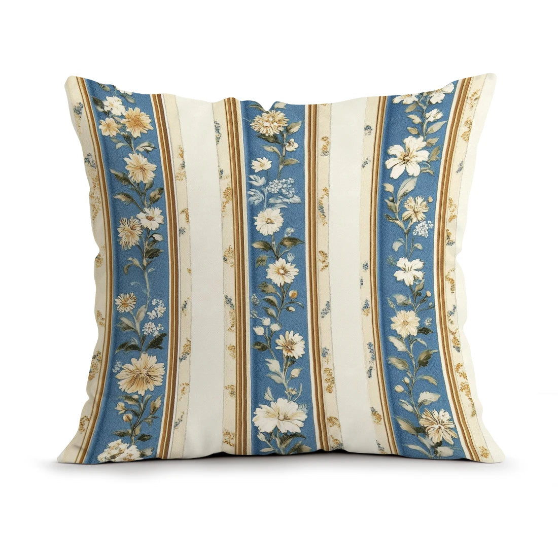Decorative pillow with floral and striped pattern on a white background