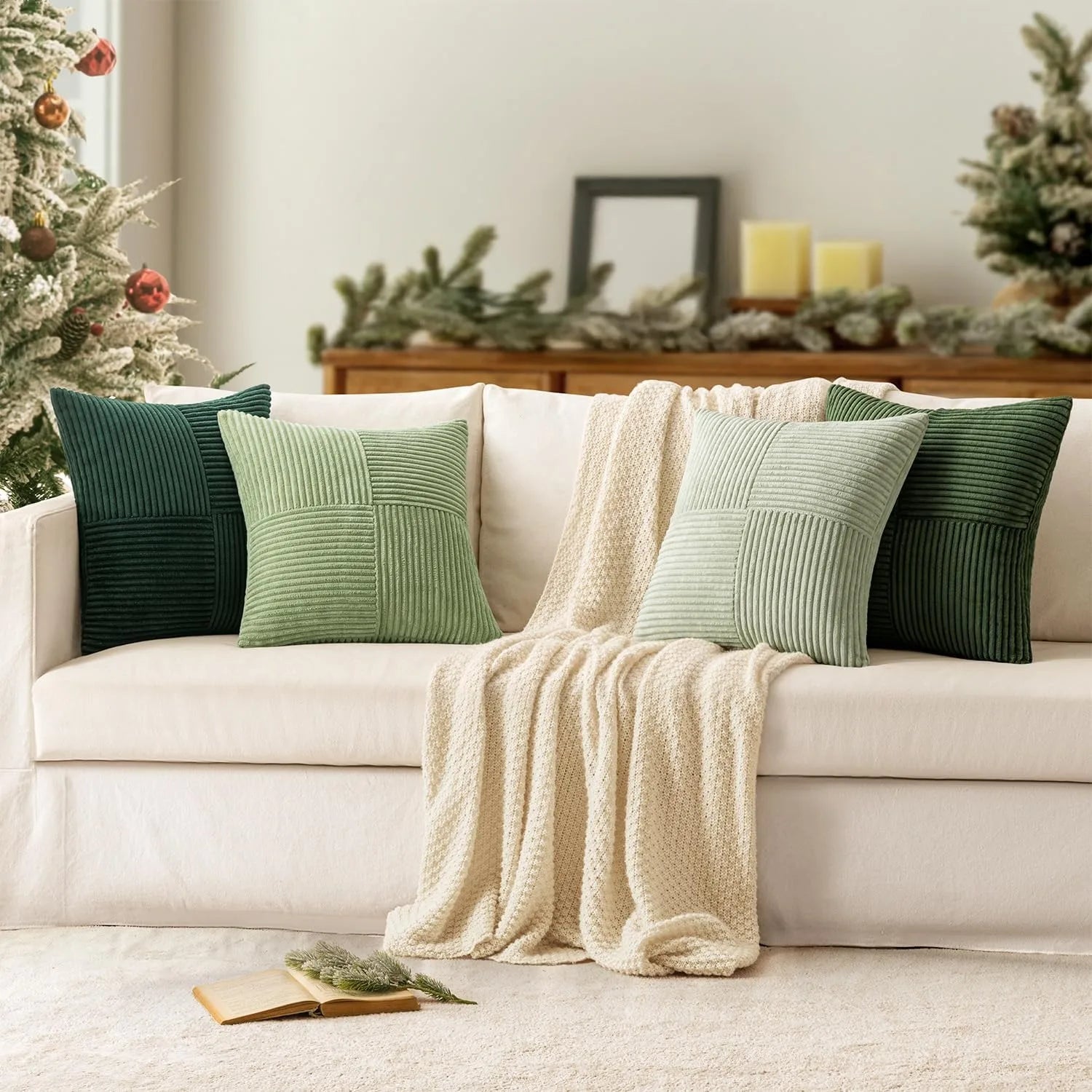 Corduroy pillow covers in green tones styled on modern living room sofa
