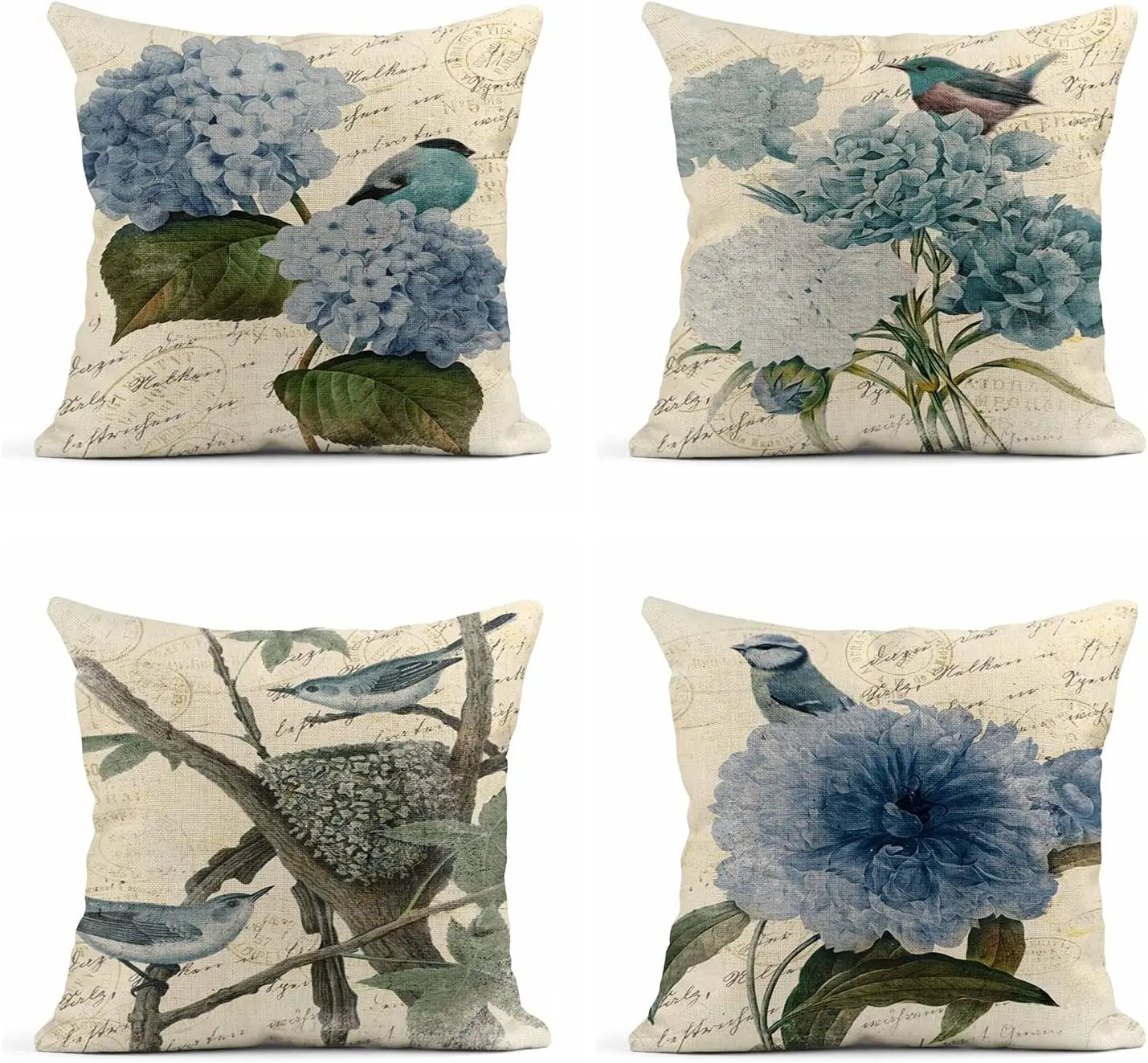 Set of four decorative pillows with floral and bird designs on a white background
