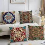 Set of bohemian ethnic pillow covers with vibrant patterns on sofa