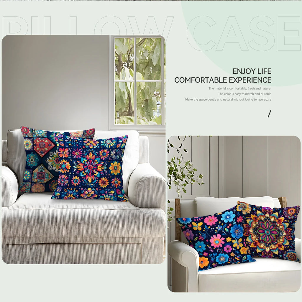 Colorful floral pillows on a white sofa with decorative elements and text.