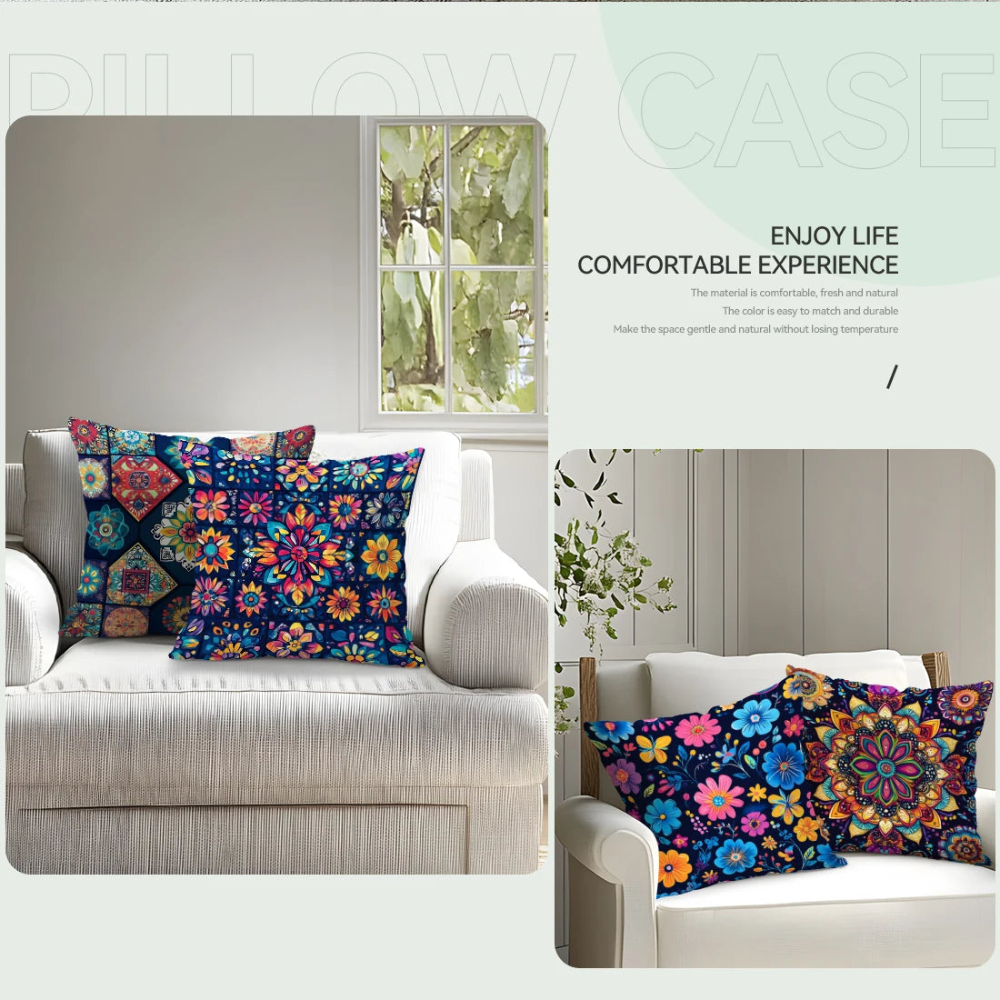 Colorful floral pillows on a white sofa with decorative elements and text.