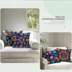 Colorful floral pillows on a white sofa with decorative elements and text.