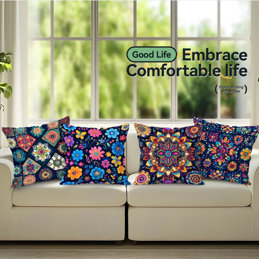 Colorful patterned pillows on a beige sofa with a blurred window background and 'Good Life Embrace Comfortable Life' text.