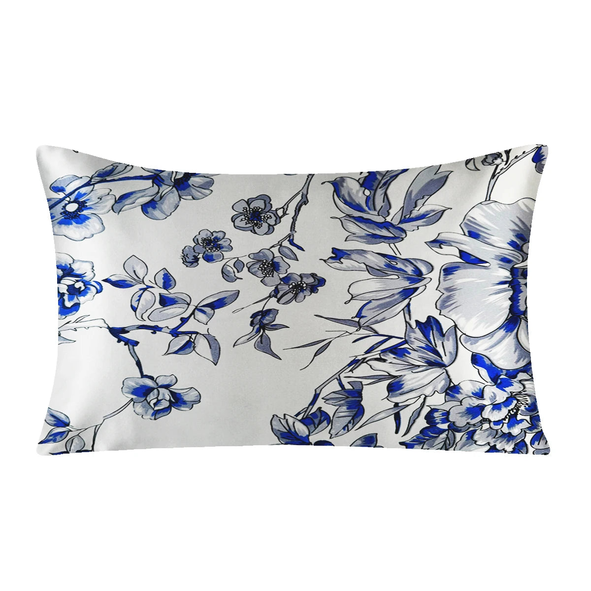 Floral patterned pillowcase with blue flowers on a white background