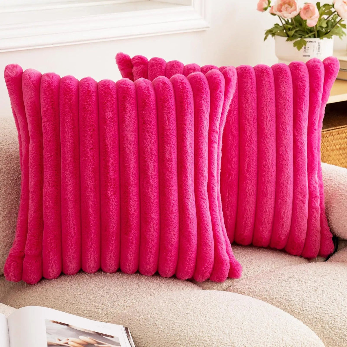 Faux Rabbit Fur Striped Pillow Cover - Pillow Bay
