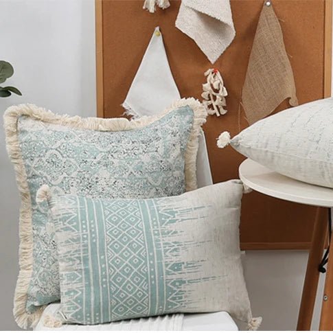 Green Cotton Linen Tassel Pillow Cover - Pillow Bay