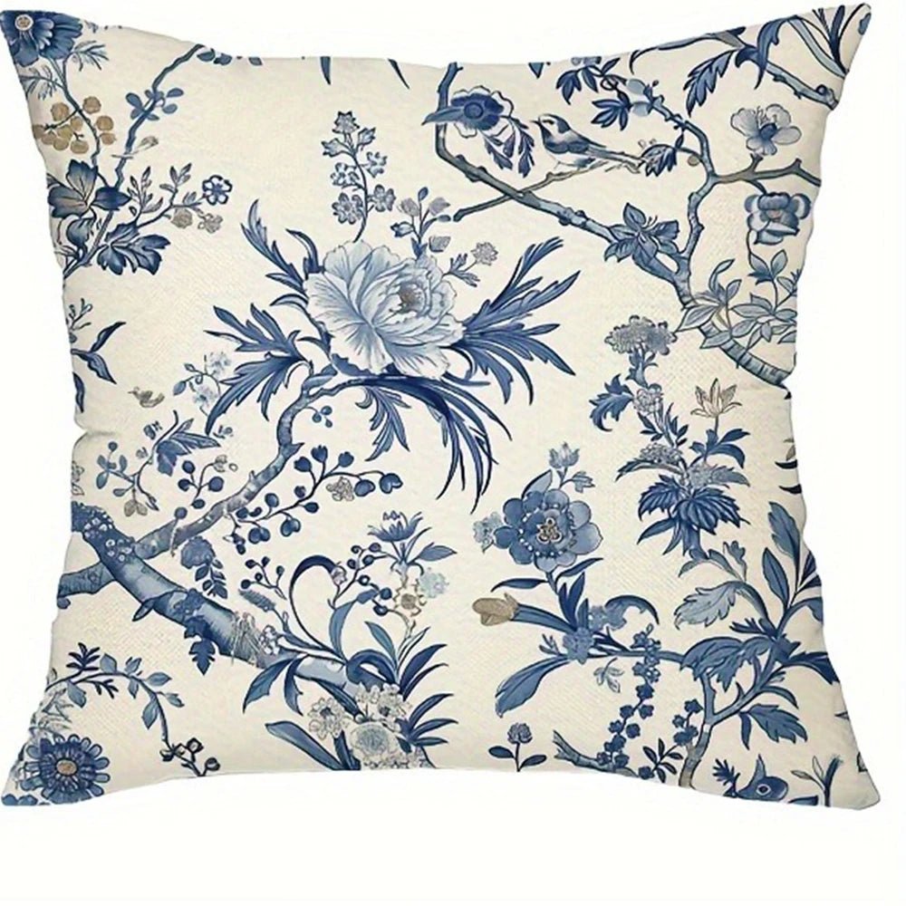 Retro Blue Floral Bird Pillow Cover - Pillow Bay
