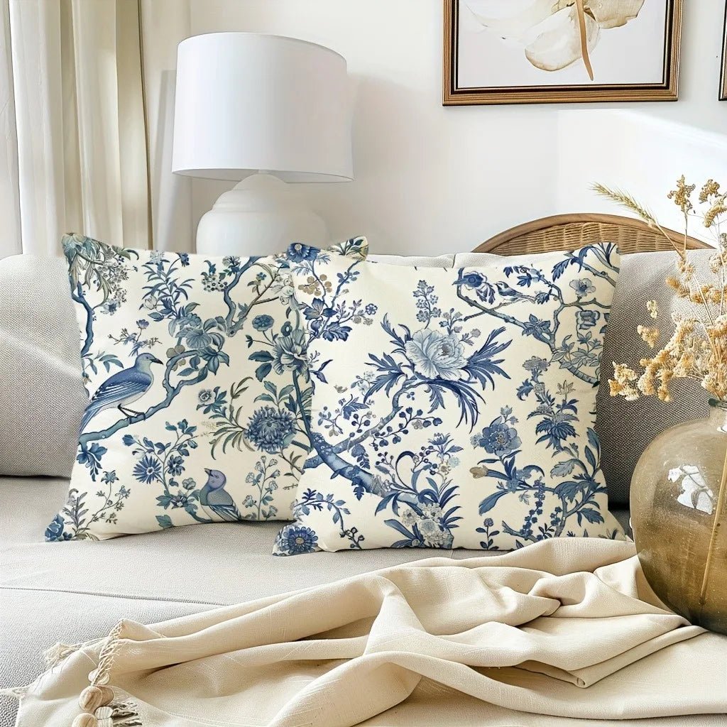Retro Blue Floral Bird Pillow Cover - Pillow Bay