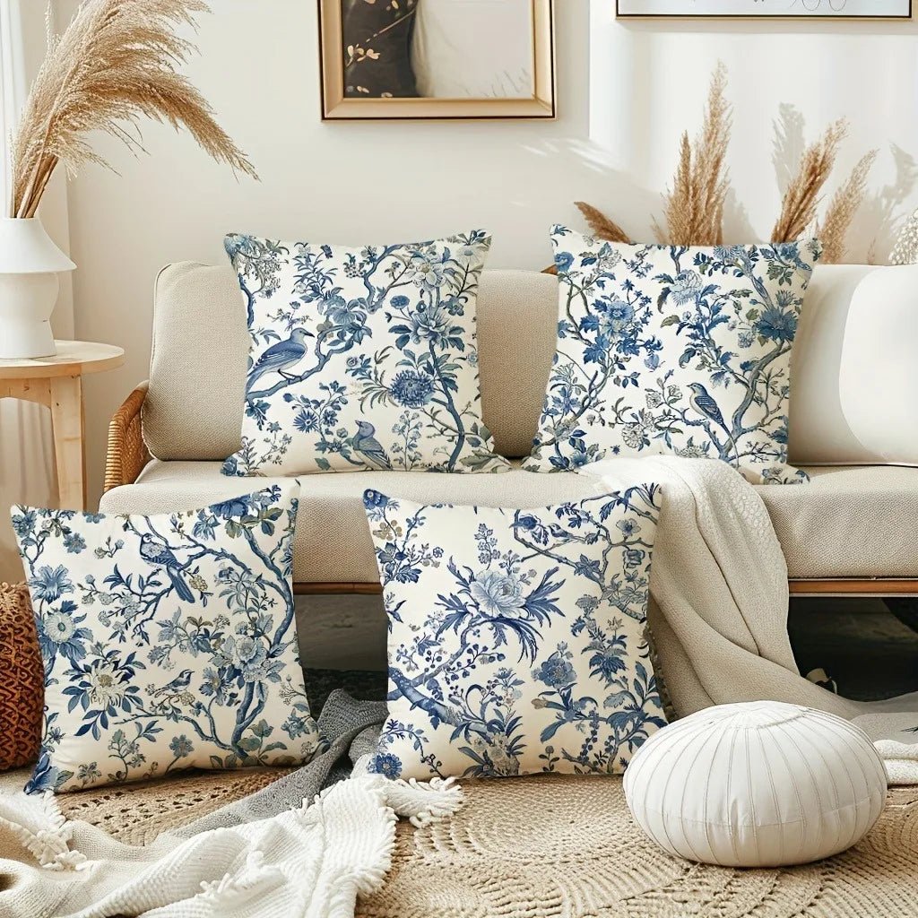 Retro Blue Floral Bird Pillow Cover - Pillow Bay