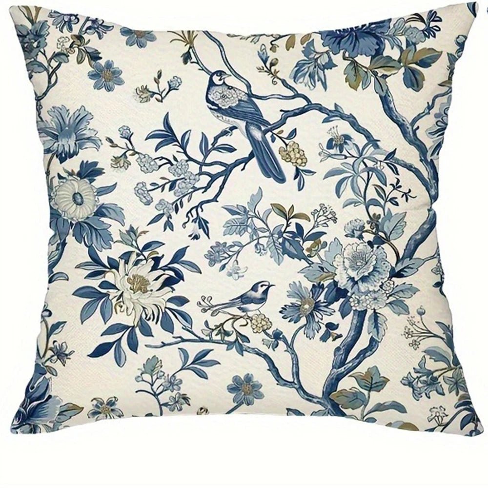 Retro Blue Floral Bird Pillow Cover - Pillow Bay