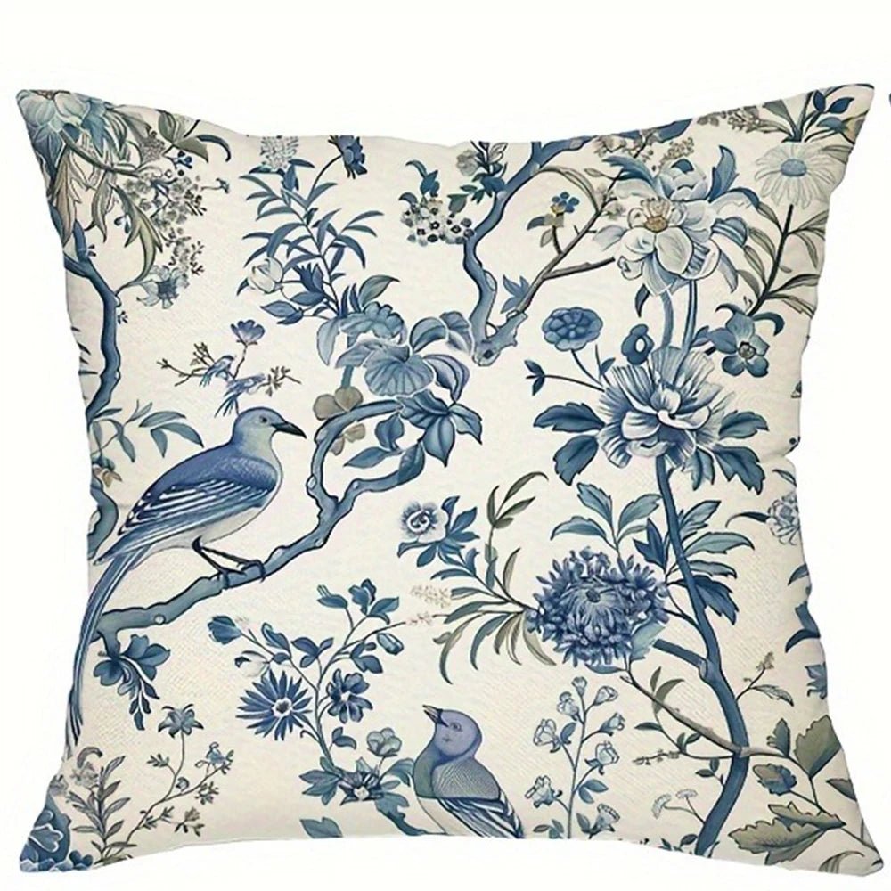 Retro Blue Floral Bird Pillow Cover - Pillow Bay