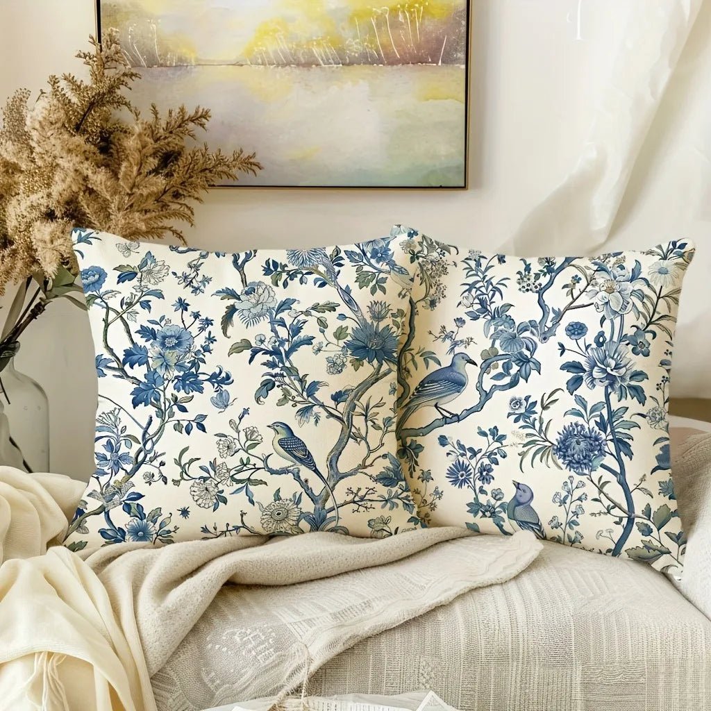 Retro Blue Floral Bird Pillow Cover - Pillow Bay