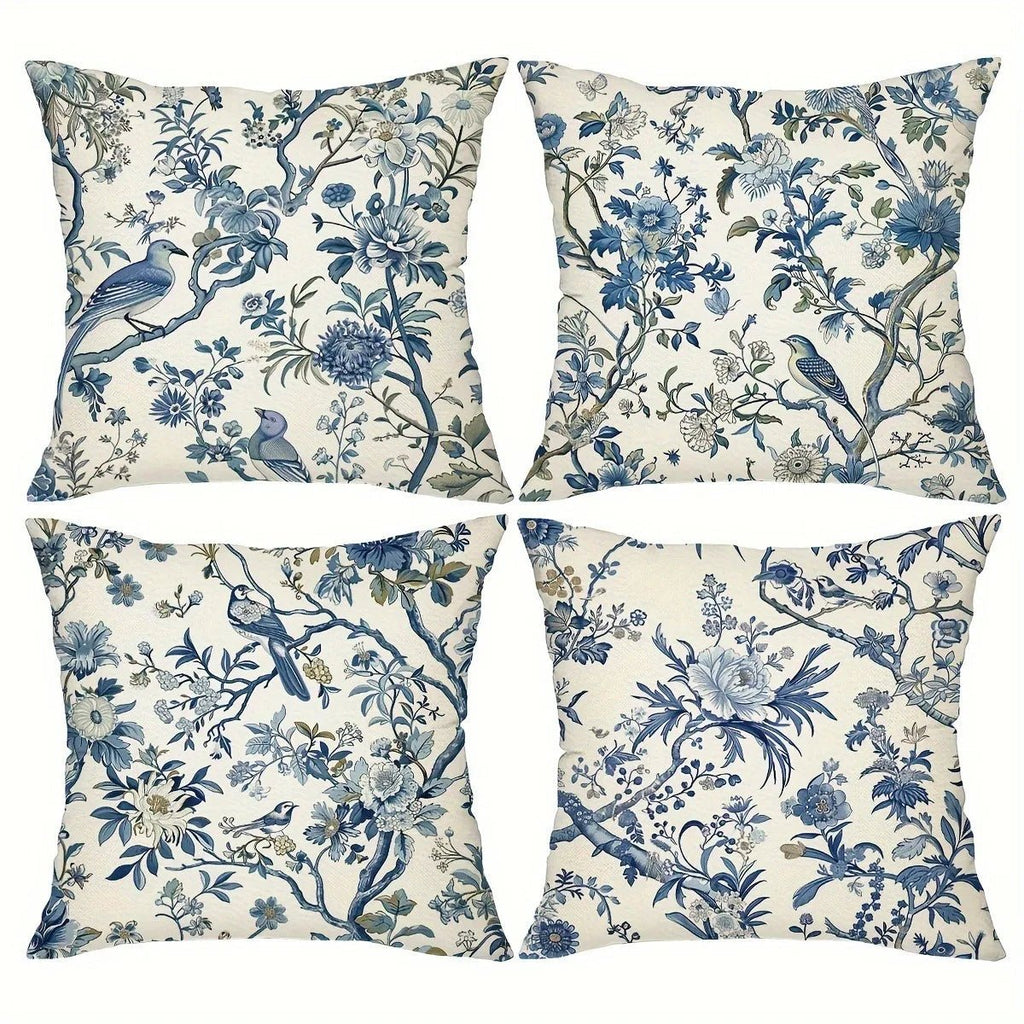 Retro Blue Floral Bird Pillow Cover - Pillow Bay