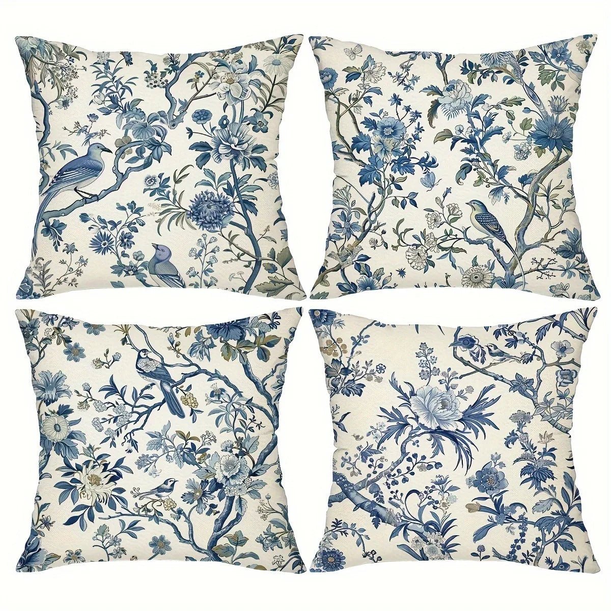 Retro Blue Floral Bird Pillow Cover - Pillow Bay